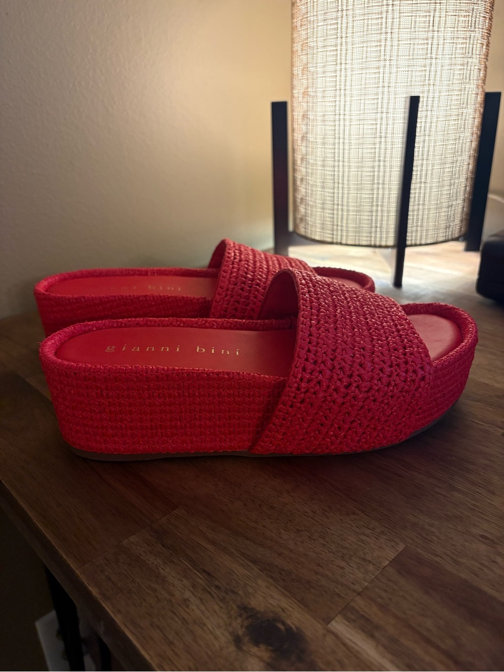 Gianni Bini Bright Red Woven Platform Slide Mules